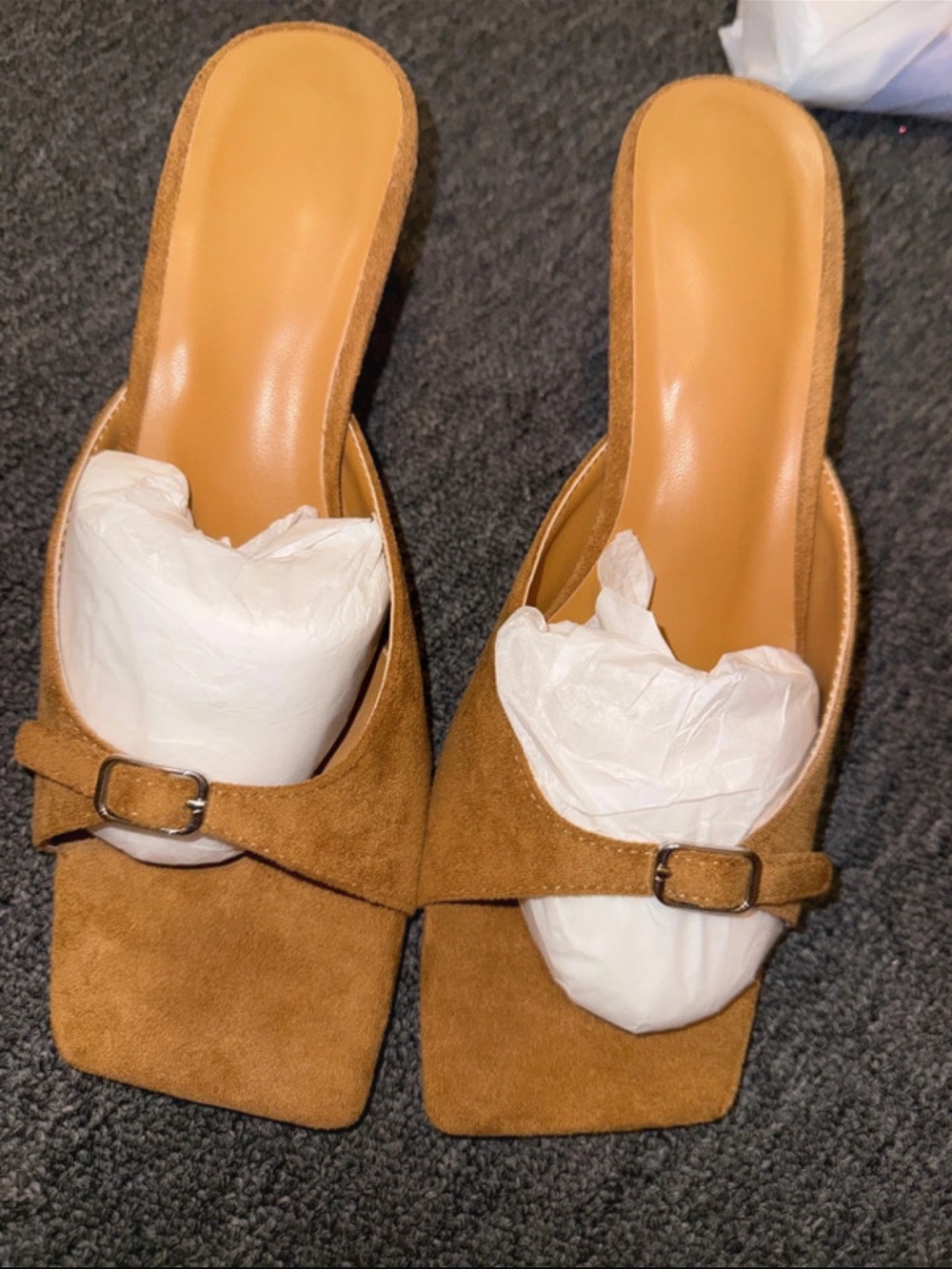 Kitten heels Women’s Tan Suede Buckle Slide Heels